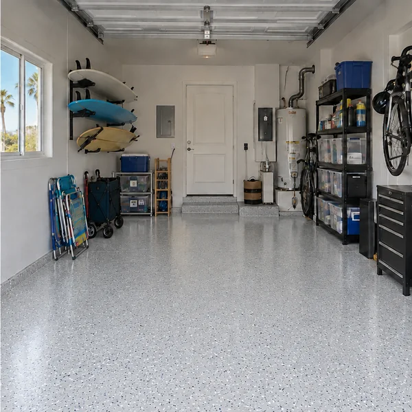 Organized garage with finished epoxy floor