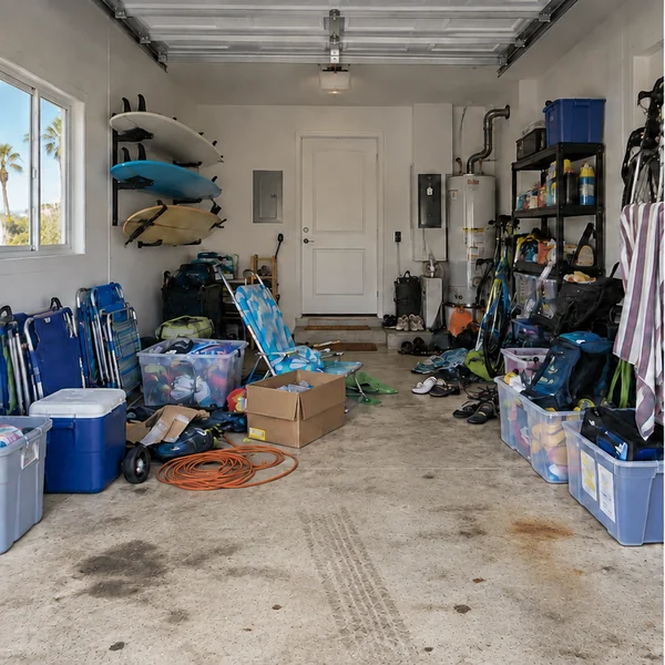 Cluttered garage with stained concrete floor