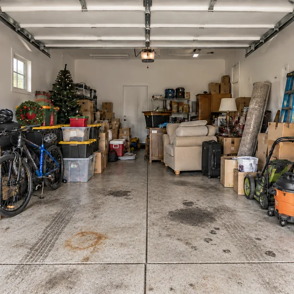 Cluttered garage with stained concrete floor
