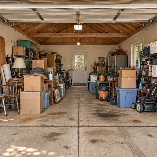 Cluttered garage with stained concrete floor